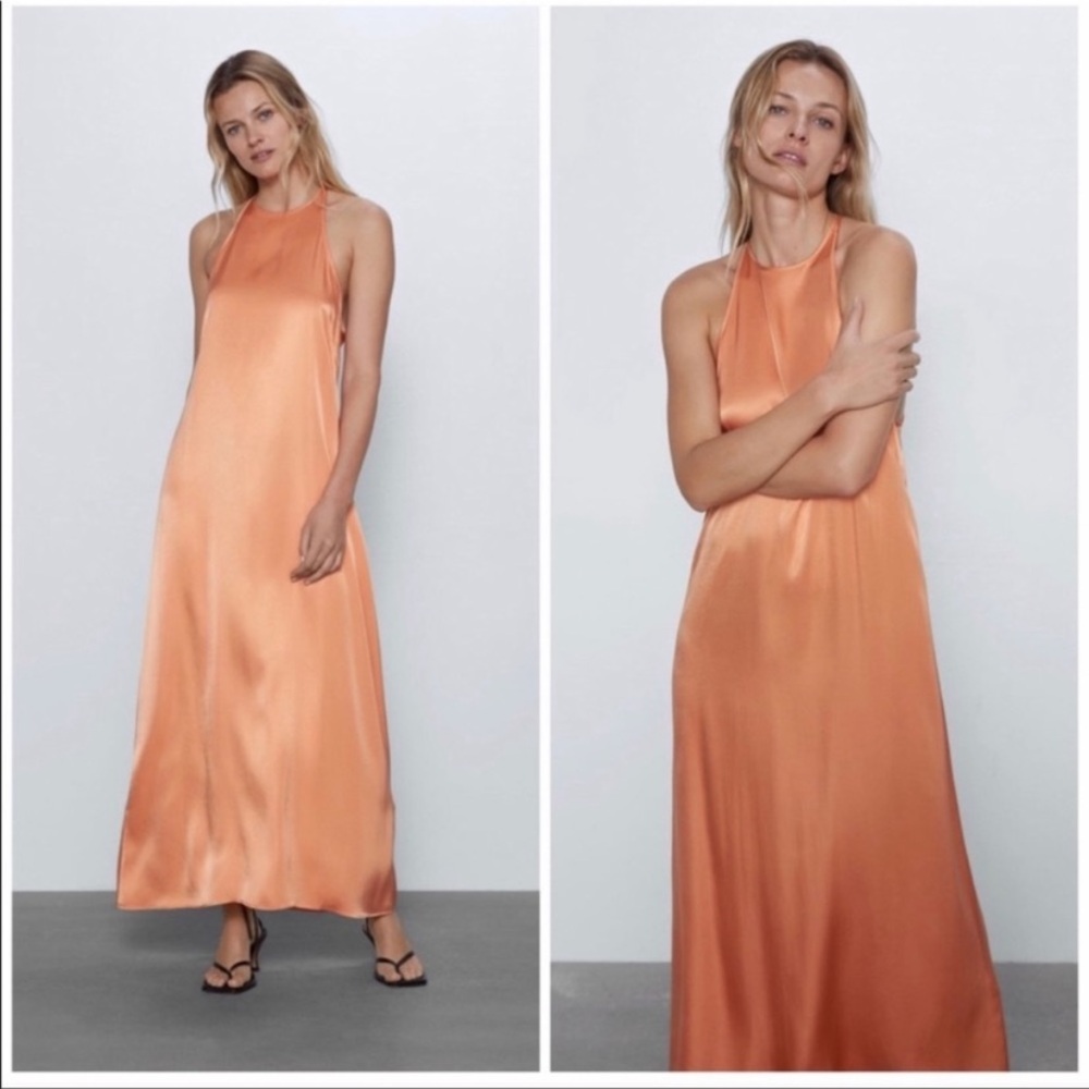 Zara Satin Halter Maxi Dress in Peach Orange